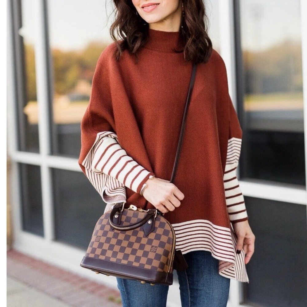 Burnt Orange Mock Neck Striped Poncho